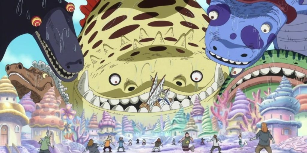 Shirahoshi usando los poderes de Poseidon.